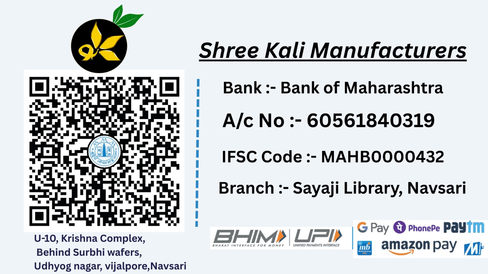 Shree Kali Manufacturers Bank of Maharashtra payment details